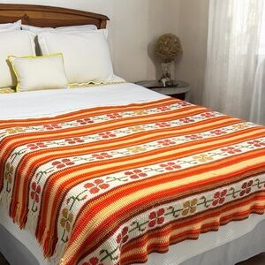 Vintage 70's Handmade Crocheted & Cross Stitched Floral Blanket With Fringe